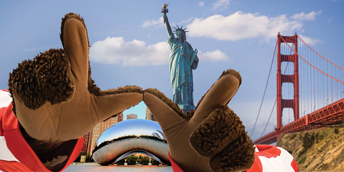 Bucky&#039;s hand in a W over famous city landmarks