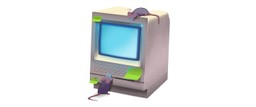 A rendering of a computer with two mice scurrying around it.