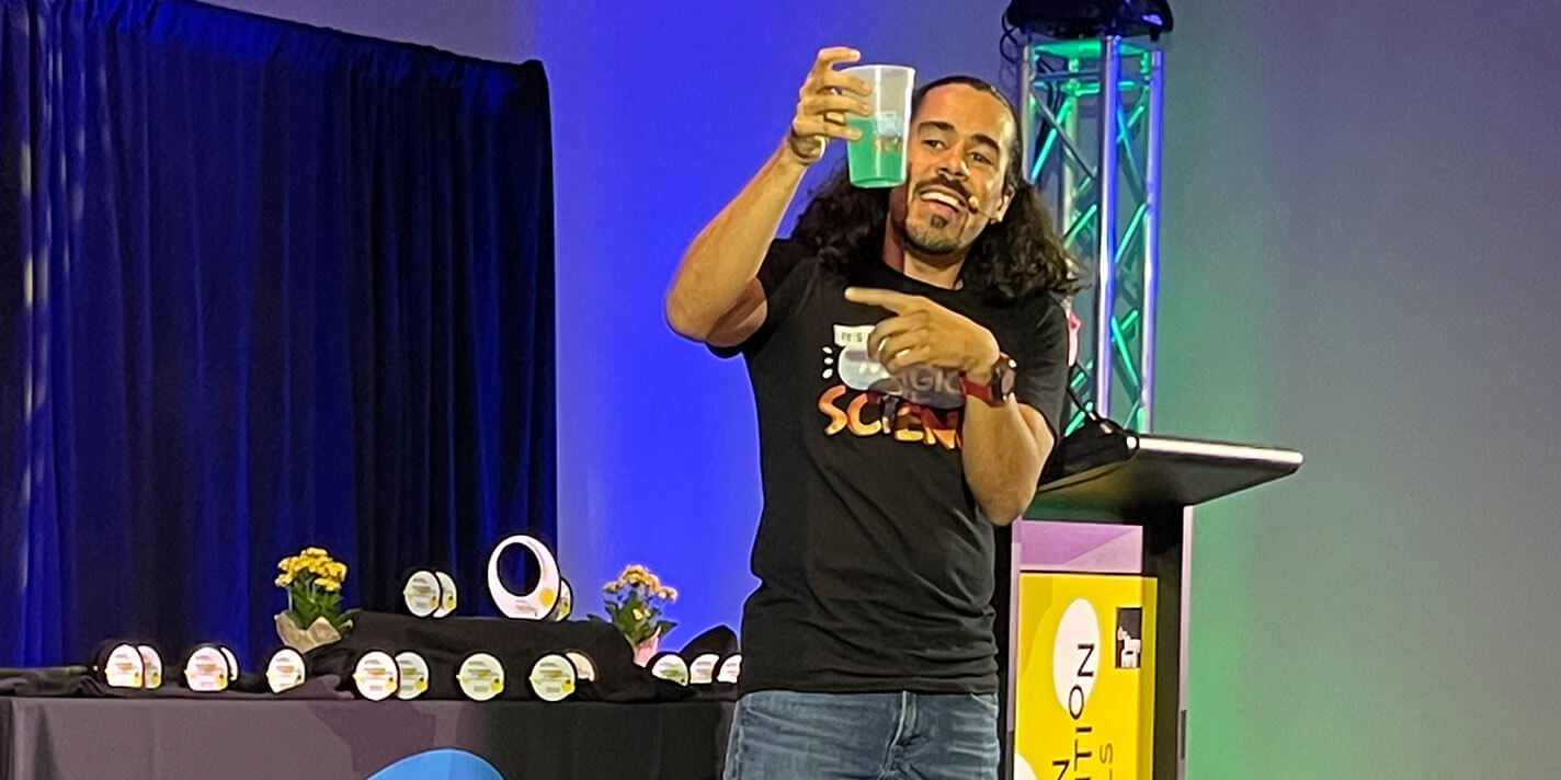 Jay Flores ’12 performs his viral show “It’s Not Magic: It’s Science!” live at the Invention Convention US Nationals.
Credit: Julianne Lindsey