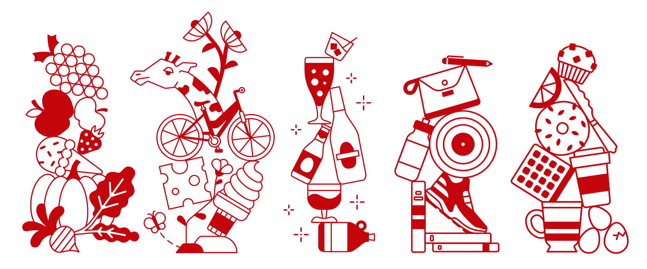 Red and white illustrations of items that pertain to different categories of activities. The first collection features fruits, vegetables, and an ice cream cone. The second collection features flowers, a giraffe, a bike, a piece of cheese, and a soft-serve ice cream cone. The third collection includes various spirits and beverages. The fourth collection includes a pen, a purse, a water bottle, a vinyl record, books, and a tennis shoe. The last image includes a muffin, a bagel, an orange slice, a butter knife, a waffle, a coffee cup, a to-go coffee cup, and three eggs, one with a small crack in it.