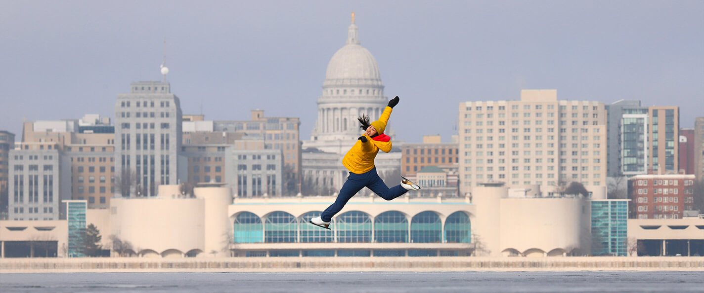 Huang performs a jump on Lake Mendota.