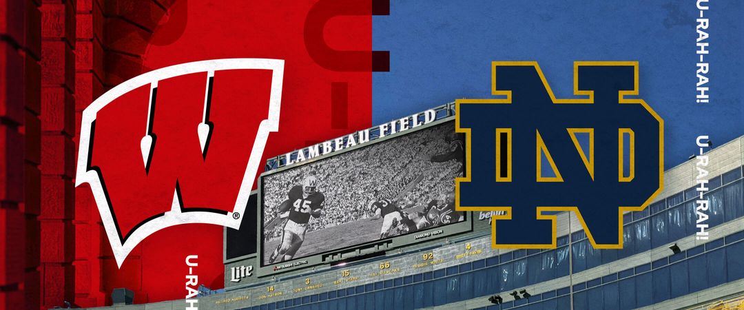 Collage of the Motion W and the Notre Dame logo overlaying Lambeau Field images.