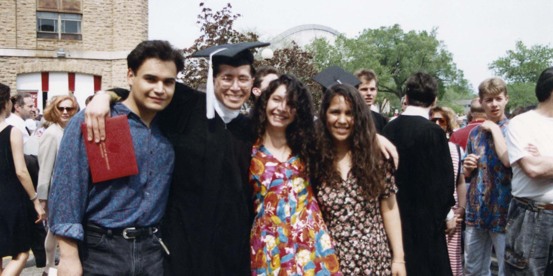 Members of La Colectiva celebrating graduation outside of Camp Randall in 1992.