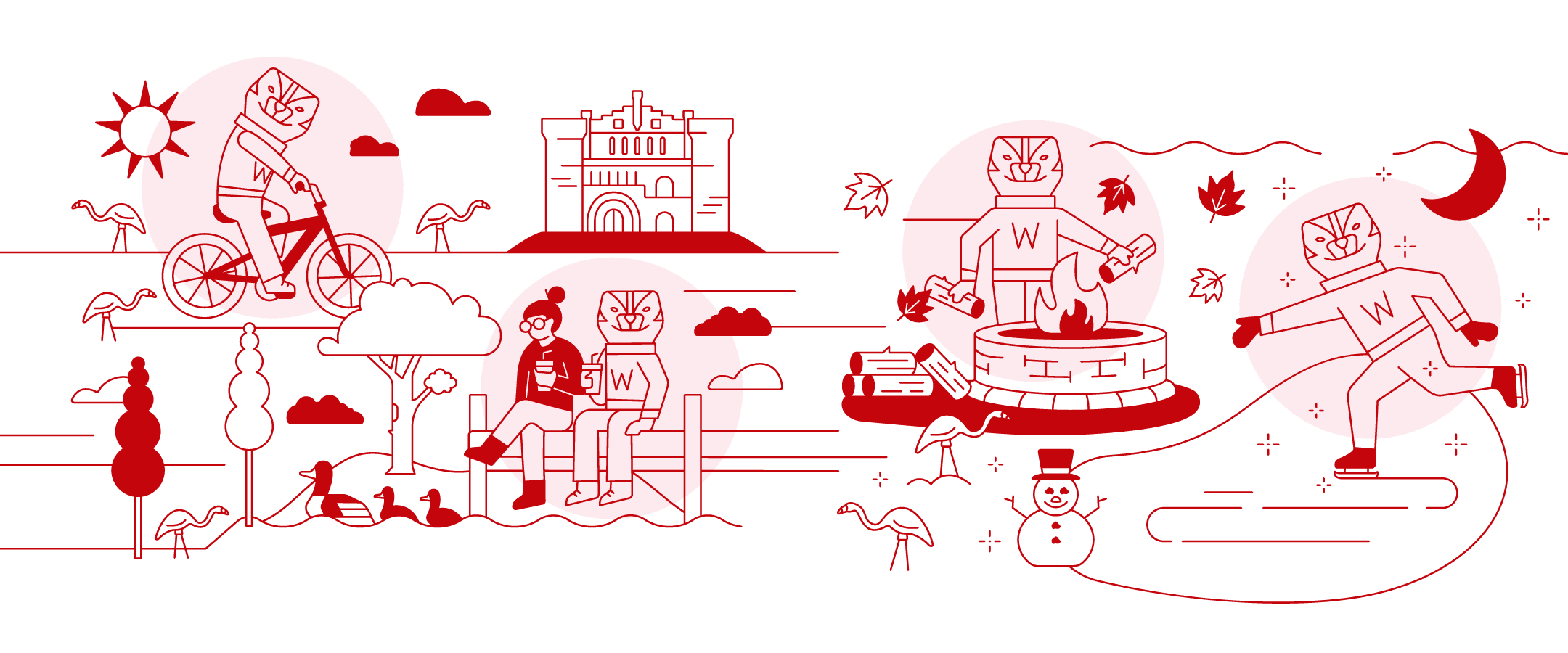 Red-and-white seasonal illustration showing Bucky Badger and human friends enjoying outdoor activities, including biking, sitting by the lake, building a campfire, and ice skating.