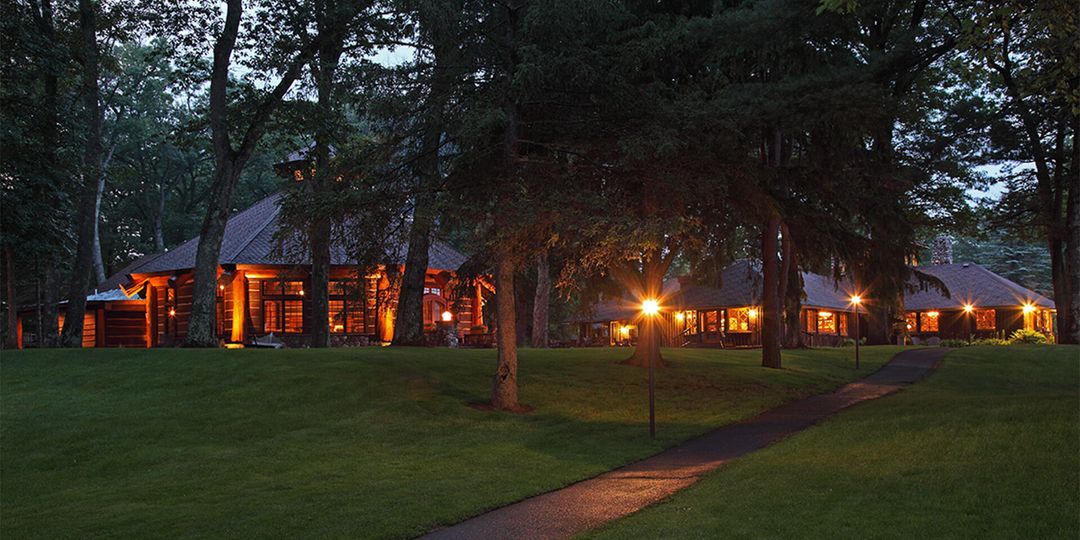 Red Crown Lodge at dusk.