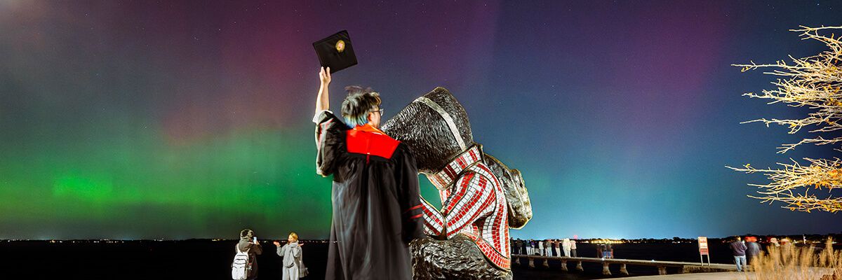 A student wearing a graduation gown with red accents is photographed from the back. They hold their cap in the air with their left hand. They are standing next to a statue of a seated badger wearing a red and white striped sweater, also pictured from the back. It is night time, and the northern lights are green and pink in the sky.
